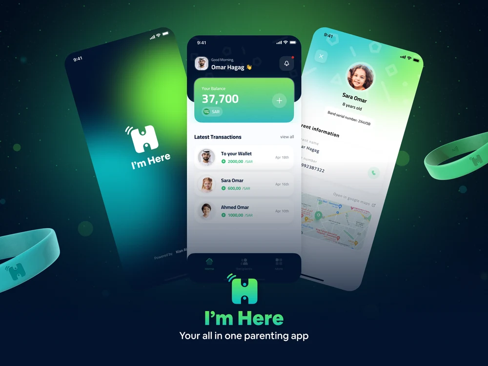 Three screens from I’m Here, a parenting app built around an NFC wristband: the brand splash, a wallet showing balance and recent transfers to each child, and a child profile carrying the wristband serial, guardian details and a map.